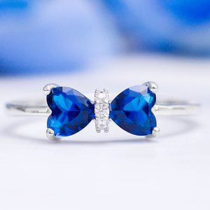 Blue Sapphire Gemstone Bow ring, size 6, 925 Sterling Silver Charmed Aroma